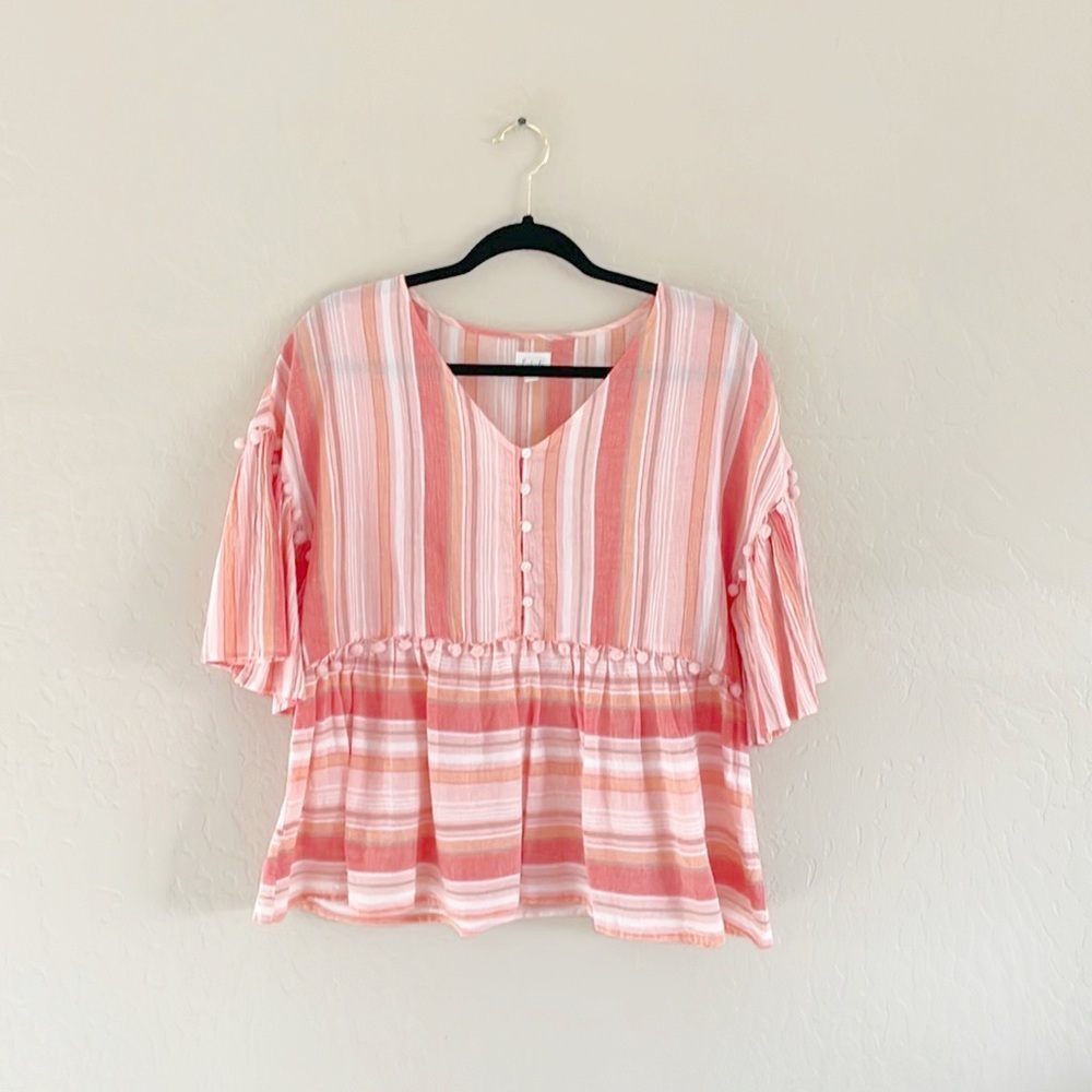 🌿Final‎ Sale 
Emberley Striped Pom Pom Detail Top